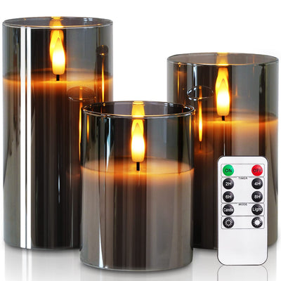 Homemory Grey Glass Flameless Candles, Battery Operated LED Pillar Candles with Remote Control and Timer, Radiance Candles, Real Wax, Set of 3,D3 xH4 5" 6"