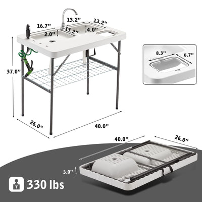 Hupmad 37" Folding Fish Cleaning Table w/Double Sinks & Faucet, Outdoor Portable Fillet Station w/Grid Frame, Knife & Standard Garden Spray Nozzle, Multifunctional Washing Table for Camping or Kitchen