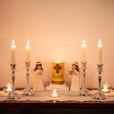 Sziqiqi Silver Plated Candlestick Holders Set of 2 Taper Candle Holders Deluxe Ornate Candle Holders for Shabbat Taper Candles, Candle Centerpiece, Wedding Candles, Christmas Candle, 7.4inch