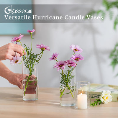 Glasseam Hurricane Glass Candle Holders Set of 6, Clear Cylinder Candle Holders for Pillar Candles, Modern Floating Candles for Centerpieces Vases, Candle Holders for Table Centerpiece, 4"+6"+8"