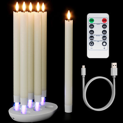 Patiphan Rechargeable Flameless Taper Candles with Charging Station, 6 Pcs Real Wax LED Taper Candles Flickering with Remote&Timer, 3D Flame Candlesticks for Home Wedding Christmas Decor (Ivory)