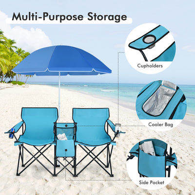 COSTWAY Double Portable Picnic, Folding w/Detachable Umbrella, Cooler Bag, Cup Holders, Patio Beach Chairs for Outdoors Camping Furniture, Turquoise