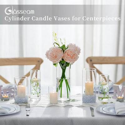 Glasseam Hurricane Glass Candle Holders Set of 6, Clear Cylinder Candle Holders for Pillar Candles, Modern Floating Candles for Centerpieces Vases, Candle Holders for Table Centerpiece, 4"+6"+8"