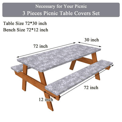 Vaukki Picnic Table and Bench Fitted Tablecloth Cover, Picnic Table Cover with Bench Covers, Flannel Backing Elastic Waterproof Plastic Cover with Bag for Outdoor and Camping(Grey Flower,72 inches)