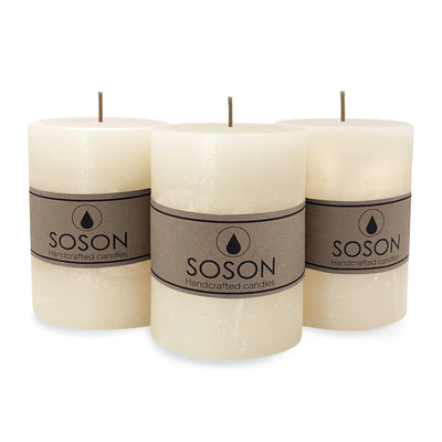 Simply Soson Set of 3 Ivory Rustic Textured Pillar Candles 3x4-inch - Unscented Dripless Large Bulk Candles - Home Wedding Rustic Décor