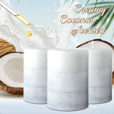 Set of 3 Scented Pillar Candles Creamy Coconut Scented Candles 3 x 4 Long-Lasting Candles Scented White Candles Palette Pillar Candles Clean Burning No Drip Candles Gift for Home Party Decor
