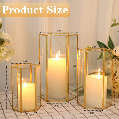 Glass Hurricane Candle Holder, Set of 3 Large Clear Hexagon Lanterns Pillar Candle Lantern with Gold Metal Frame Wedding Centerpiece Table Decor Home Decorations