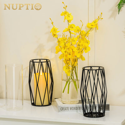 Nuptio Glass Candle Holder for Pillar Candles Black Pillar Candle Holders Geometric Metal Candle Stand Small Hurricane Candleholder Flower Vase for Office Dining Living Room Bar Cafe