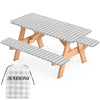 BOUBONI 3 Pcs Set Fitted Picnic Table Cover with Bench Covers Vinyl Camping Table Cloth Flannel Backing Picnic Table Cloth for 6ft Tables Camping Outdoor (Gray Checked, 30 x 72 Inches)