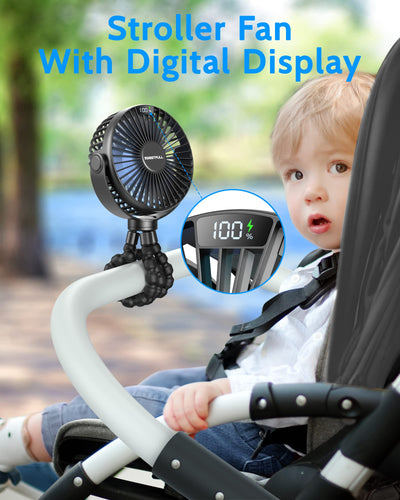 SWEETFULL Portable Stroller Fan with LED Display 4000mAh Battery Powered Mini Clip Fan, 4-Speed Rechargeable Small Personal Fan Handheld Desk Cooling Fan for Car Seat Crib Treadmill Travel-Black