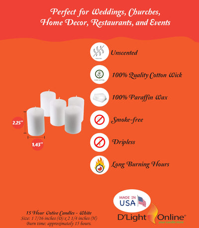 D'light Online 15 Hour Unscented White Emergency And Events Bulk Votive Candles For Wedding Votives, Luminary Candles, Restaurants, Churches, Bars, Parties, Spa and Decor (Set of 288 - White, 15 Hour)