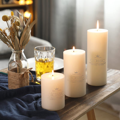 Set of 12 Poured Pillar Candle 3"x 4", 6", 8" Dripless Unscented Candles Long Clean Burning Rustic Country Style Ideal for Wedding, Home Decor, Relaxation and Other Occasions (Ivory White)