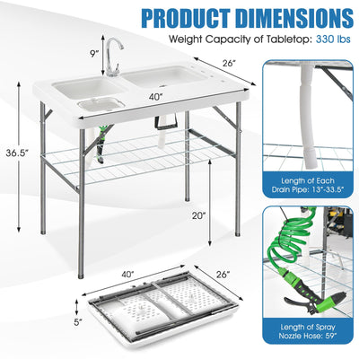 Goplus 40'' Folding Fish Cleaning Table with Dual Water Basins, Faucet Drainage Hose & Sprayer, Portable Camping Sink Table, Outdoor Fish Fillet Cleaning Station with Grid Rack for Picnic