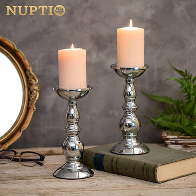 Nuptio Silver Pillar Candle Holders, Wedding Centerpieces Metal Candle Holder for 3 inches Candles Stand Decoration Ideal for Weddings Special Events Parties Living Room, 2 Pcs