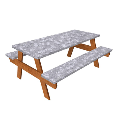 Vaukki Picnic Table and Bench Fitted Tablecloth Cover, Picnic Table Cover with Bench Covers, Flannel Backing Elastic Waterproof Plastic Cover with Bag for Outdoor and Camping(Grey Flower,72 inches)