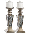 Creative Scents Schonwerk Pillar Candle Holder Set of 2 - Crackled Mosaic Design - Coffee Table Decor - Decoration Centerpiece for Living Room or Dining Room - Best Wedding Gift (Silver)