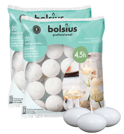 Bolsius Unscented 1.75" Floating Candles – Set of 40 White Floating Candles – Cute and Elegant Burning Candles – Candles with Nice and Smooth Flame – Party Accessories