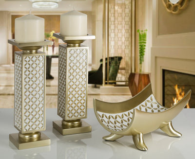 Schonwerk Diamond Lattice Decorative Pillar Candle Holders, Set of 2- Functional Table Decorations- Centerpieces for Dining/Living Room- Best Wedding/Birthday (Gold & White)