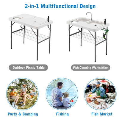 Avocahom 37" Folding Fish Cleaning Table Portable Camping Sink Table w/Dual Water Basins, Faucet Drainage Hose & Sprayer Outdoor Fish Fillet Cleaning Station w/Knife