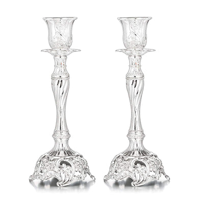 Sziqiqi Silver Plated Candlestick Holders Set of 2 Taper Candle Holders Deluxe Ornate Candle Holders for Shabbat Taper Candles, Candle Centerpiece, Wedding Candles, Christmas Candle, 7.4inch