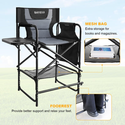 BAYIEIUI Tall Folding Directors Chair with Side Table 26.77" Seat Height Portable Camping Makeup Artist Bar Chair with Footrest and Carrying Bag 350 Ibs Weight Capacity Black