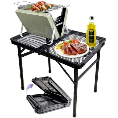 BRIAN & DANY Folding Grill Table Camping Table, Metal Portable Picnic Table, Lightweight Height Adjustable Foldable Table for Outdoor, Black, 23.6"x15.7"x10.6/22.1"