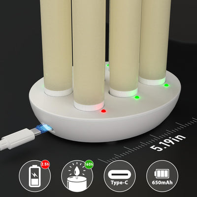 Patiphan Rechargeable Flameless Taper Candles with Charging Station, 6 Pcs Real Wax LED Taper Candles Flickering with Remote&Timer, 3D Flame Candlesticks for Home Wedding Christmas Decor (Ivory)