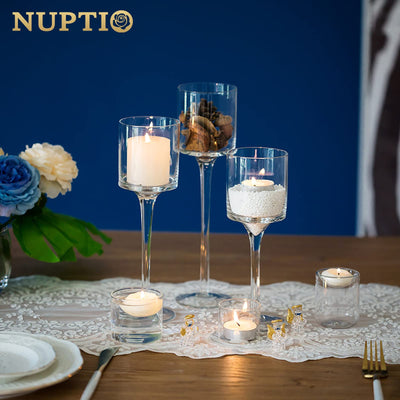 Nuptio Tall Glass Pillar Candle Holder - 30 Pcs Tea Light Candle Holder Set for Table Centerpiece Decor Long Stem Tealight Candle Holders Clear Floating Candle Holder for Wedding Event Home