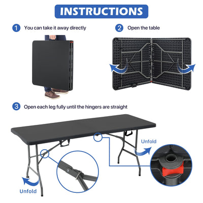 HKLGorg Folding Table 6 Ft Heavy Duty Fold Up Table Camping Working Table Indoor Outdoor Plastic Folding Table Utility Party Dining Table Easy to Assemble with Lock Function Black