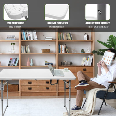 Byliable Folding Table 4 Foot Portable Heavy Duty Plastic Fold-in-Half Utility Table Small Indoor Outdoor Adjustable Height Folding Table with Carrying Handle, Camping and Party,White