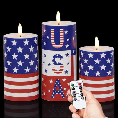 Wondise Patriotic Candles Outdoor Waterproof Flameless Candle with Remote & Timer, 4th of July Battery Operated 3D Wick LED Pillar Flag Candles for Independence Day Home Decor