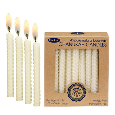 Rite Lite Judaica Hand Rolled Honeycomb Beeswax Hanukkah Candles, 45 Count Chanukah Menorah Gifts, Jewish Holiday Party Favors Candleholder (Natural)