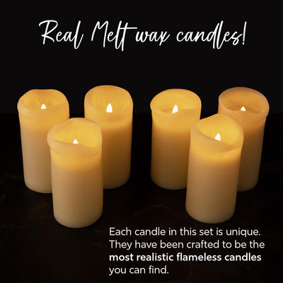 Set of 6 Ivory Real Melted Wax 3x6 Flameless LED Pillar Candles with Timer Remote and Batteries