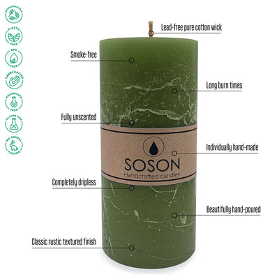Simply Soson Dark Moss Green Rustic Texture Pillar Candles 3x3 inch - Set of 3 - Unscented Decorative Green Candles, No drip Candles, Ideal as Large Candles for Home Decor, Weddings, Holidays
