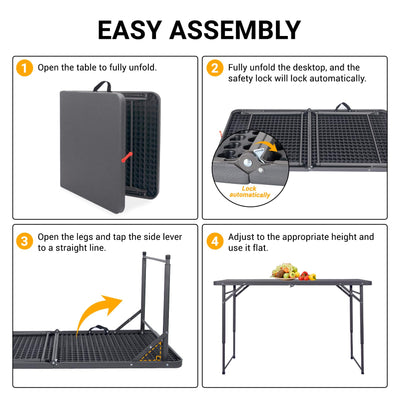 Byliable Folding Table 4 Foot, Portable Plastic Card Heavy Duty Fold-in-Half Small Foldable Table, Indoor Outdoor Adjustable Height Folding Table with Carrying Handle for Picnic, Camping, Party, Grey