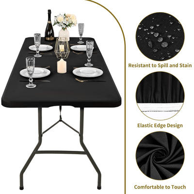 6 Pack Stretch Fabric Table Top Cap Cover, fits 6' Tables, Spandex Table Covers Washable Elastic Universal Rectangle Tablecloth Protector for Indoor Outdoor Party Picnic Wedding, Black, 30" W x 72" L