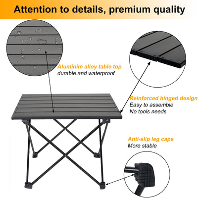 Audoyon Portable Camping Table Folding Ultralight Compact Side Table, Aluminum Fold Up Beach Table Tent Table for Outdoor Dining Cooking, Picnic, Grill, Hiking, Fishing, Sand（S - Black）