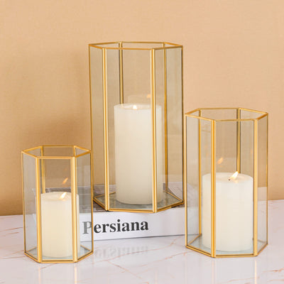 Glass Hurricane Candle Holder, Set of 3 Large Clear Hexagon Lanterns Pillar Candle Lantern with Gold Metal Frame Wedding Centerpiece Table Decor Home Decorations