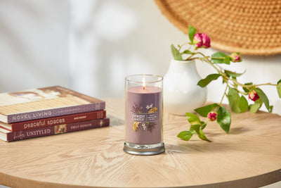 Yankee Candle Dried Lavender & Oak Signature Medium Pillar Candle - 14.25oz, Medium Purple - Soy Wax Blend, Metal Lid Coaster - Home & Kitchen Décor