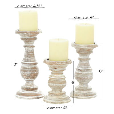 Deco 79 Mango Wood Turned Style Pillar Candle Holder with Distressed Finish, Set of 3, 6", 8", 10"H, Cream