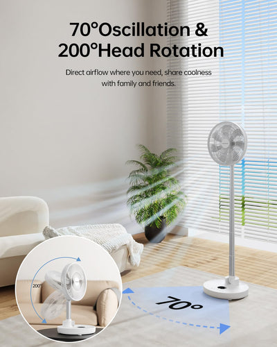 TriPole Standing Oscillating Pedestal Fan, Rechargeable Battery Operated Quiet Height Adjustable Floor Fan with Remote Timer, Foldaway Portable Fan for Bedroom Home Travel, 5-31H Working, 12''