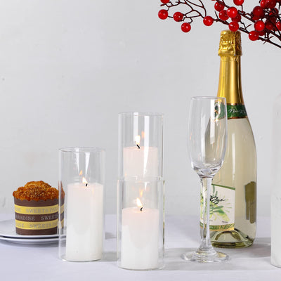 Shihanee White Pillar Candles and Glass Cylinder Vases Clear Cylinder Candle Holders for Slim Pillar Candles Wedding Decoration(6 Sets)
