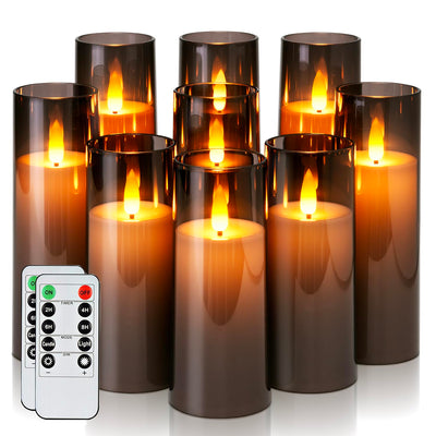 Homemory Decorative Flameless Candles, Battery Operated Candles with Remote & Timer, Flickering Led Pillar Candles, Plexiglass, Grey, Pack of 9, D2.2 xH 5" 6" 7"