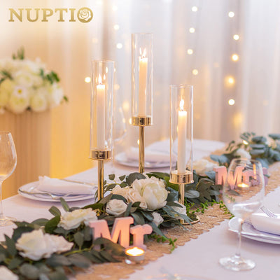 Nuptio Candlestick Holders Clear Glass Hurricane Candle Holders 18 Pcs Candle Stick Holder for Candlesticks Taper Candles Tall Candle Holder for Fireplace Anniversary Celebration Hotel Wedding Decor