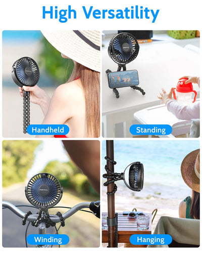 SWEETFULL Portable Stroller Fan with LED Display 4000mAh Battery Powered Mini Clip Fan, 4-Speed Rechargeable Small Personal Fan Handheld Desk Cooling Fan for Car Seat Crib Treadmill Travel-Black