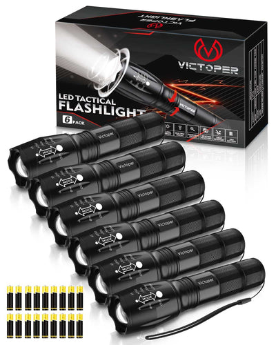 Victoper LED Flashlight 6 Pack, Bright 2000 Lumens Tactical Flashlights High Lumens with 5 Modes, Waterproof Focus Zoom Flash Light, Portable Flashlight for Camping Hiking Outdoor Home Emergency