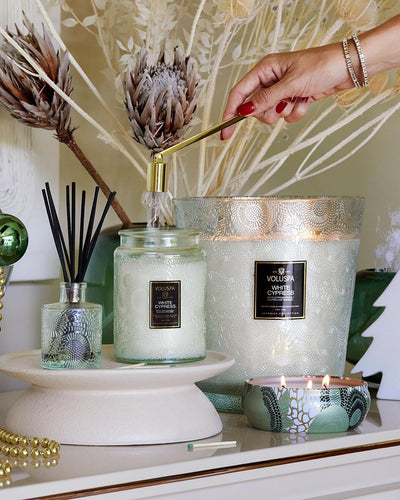 Voluspa White Cypress Candle | 3 Wick Glass Boxed Hearth | 38 Oz. | Natural Wicks and Coconut Wax for Cleaner Burning