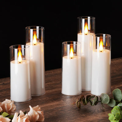 Amagic Pure White Acrylic Flameless Candles, Battery Operated Candles, Flickering LED Pillar Candles with Remote Control and Timer, 3D Wick, Set of 5