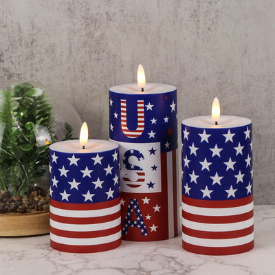 Wondise Patriotic Candles Outdoor Waterproof Flameless Candle with Remote & Timer, 4th of July Battery Operated 3D Wick LED Pillar Flag Candles for Independence Day Home Decor