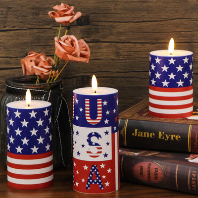 Wondise Patriotic Candles Outdoor Waterproof Flameless Candle with Remote & Timer, 4th of July Battery Operated 3D Wick LED Pillar Flag Candles for Independence Day Home Decor